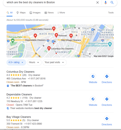 Local search results for the best dry cleaners in Boston