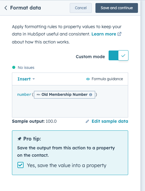 Screenshot of Format Data Action from a Neighbourhood HubSpot Hack about Converting text properties to number properties with a workflow.
