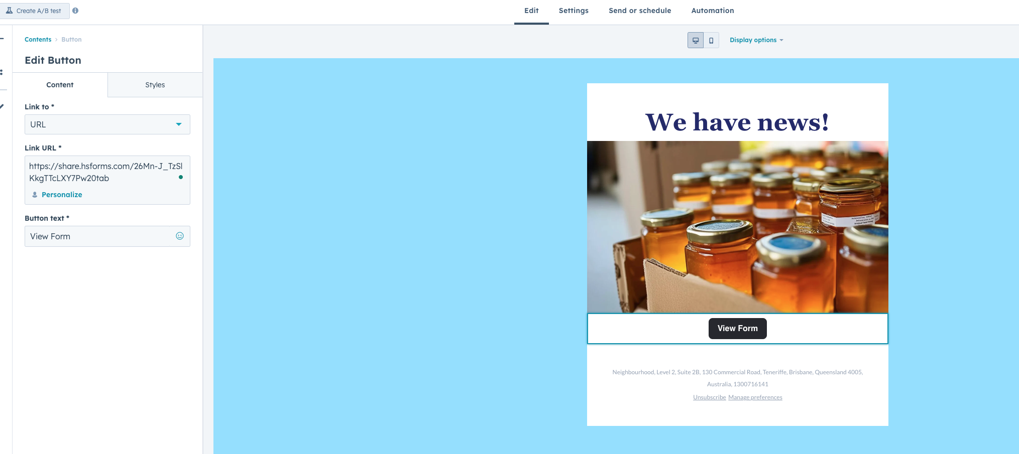 Screenshot of a Email in HubSpot with a Button for the URL Parameter HubSpot Hack
