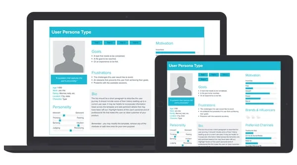 A buyer persona template shown on a laptop and a tablet