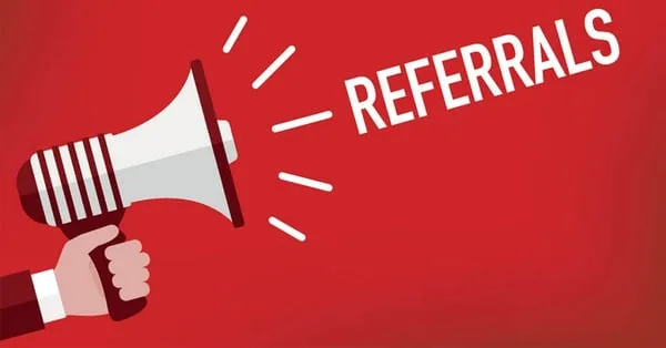 A megaphone illustration with the word Referrals beside it