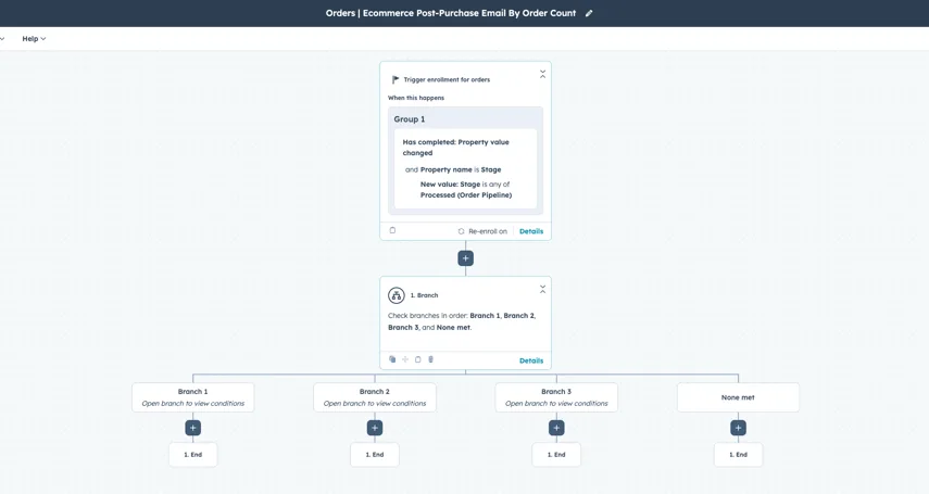 Branching a HubSpot workflow on the Number of Orders property