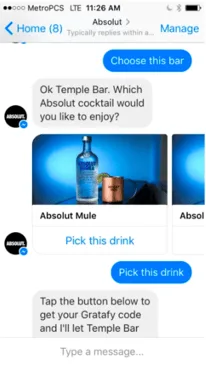 An Absolut Messenger ad conversation offering a choice of cocktails with tappable reply buttons