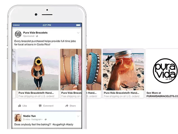 A Pura Vida Bracelets carousel ad on a phone, product cards the reader swipes through, each with its own caption and link