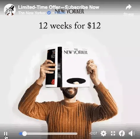 A New Yorker subscription ad playing in the feed with the offer 12 weeks for 12 dollars