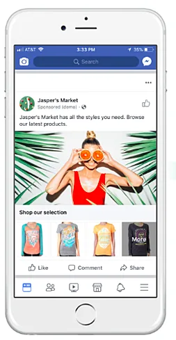 A Jasper's Market collection ad on a phone, one hero image above a row of shoppable product tiles