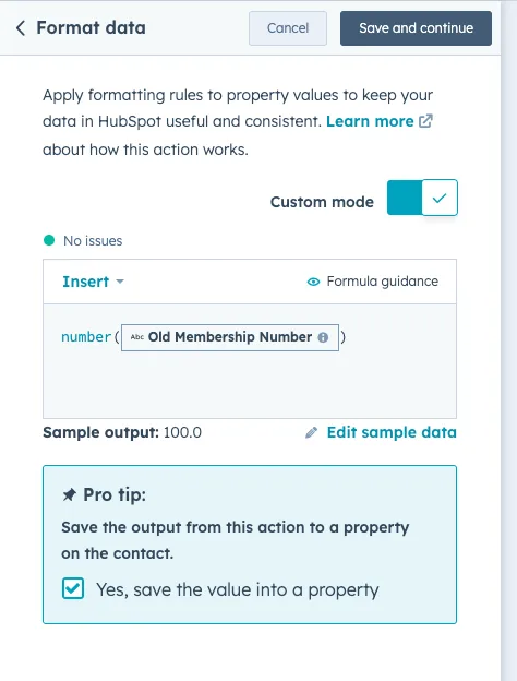 Screenshot of Format Data Action from a Neighbourhood HubSpot Hack about Converting text properties to number properties with a workflow.