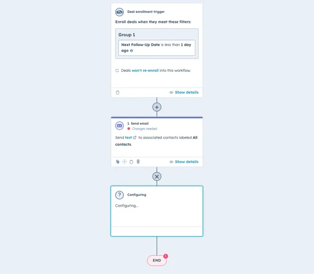 Workflow actions sending a check-in email and creating a follow-up task in HubSpot