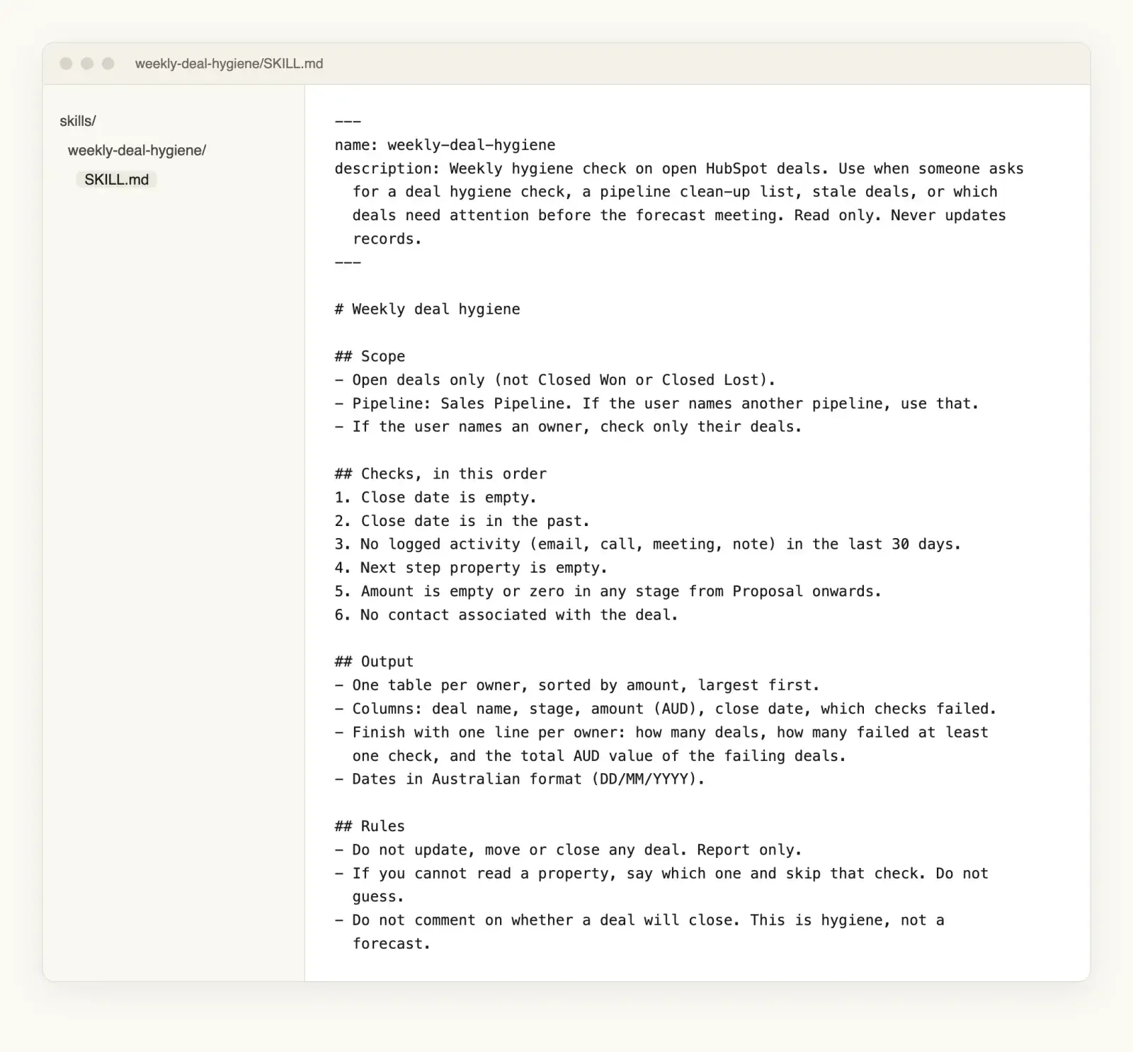 A weekly-deal-hygiene folder holding one SKILL.md file, open in an editor, showing the name, description, checks, output and rules