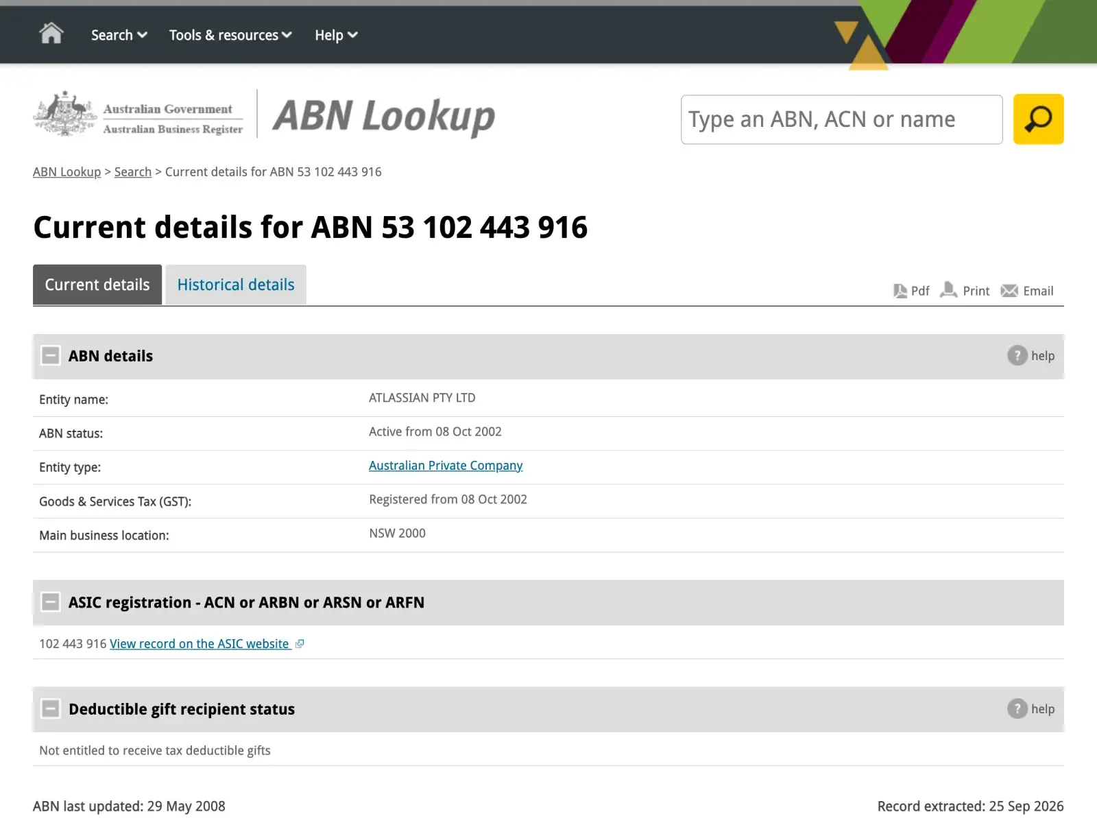 An ABN Lookup record for Atlassian Pty Ltd showing entity name, ABN status, entity type, GST registration, main business location and ACN