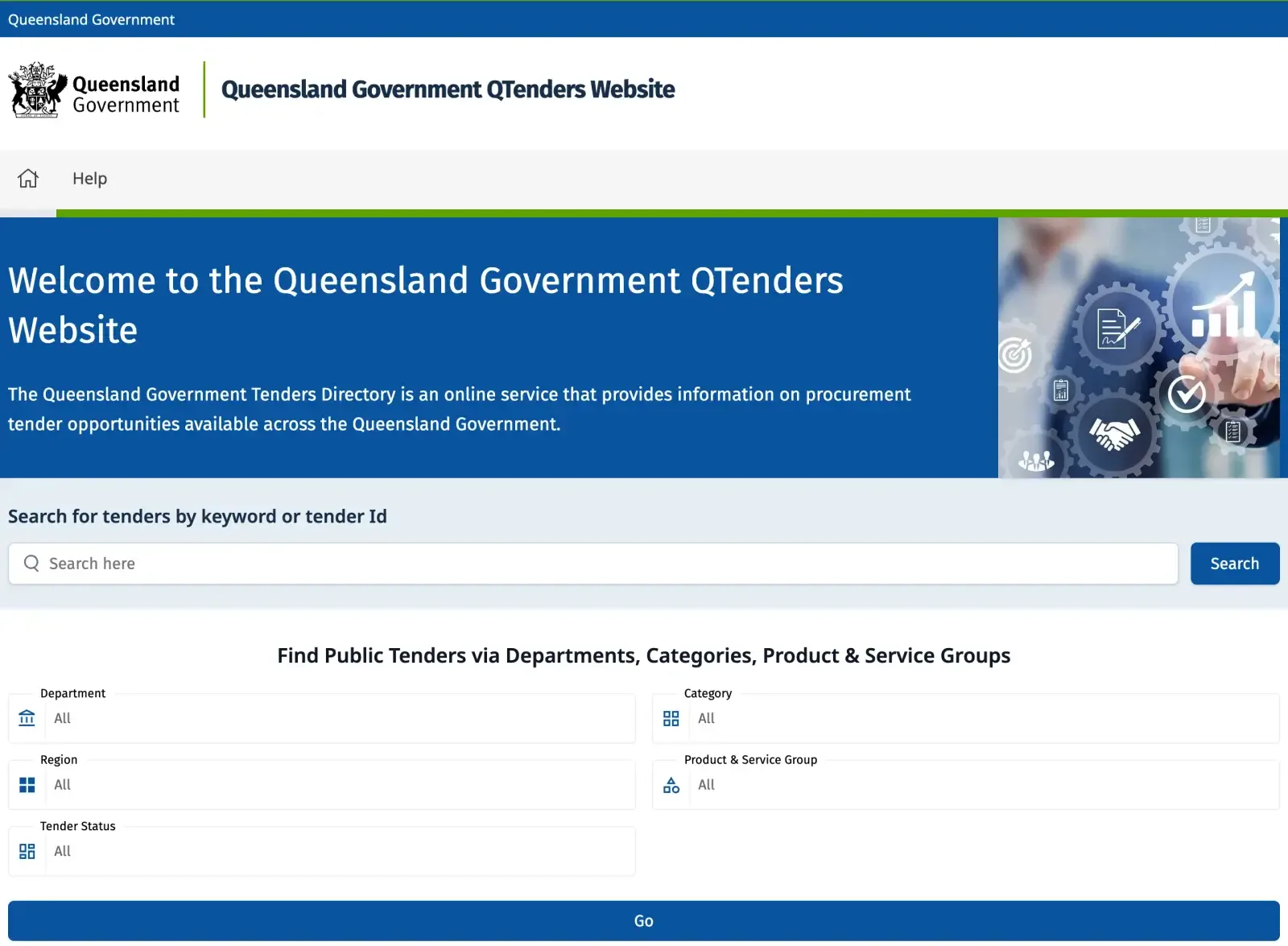 The QTenders home page, with a keyword search box and filters for department, category, region, product and service group, and tender status