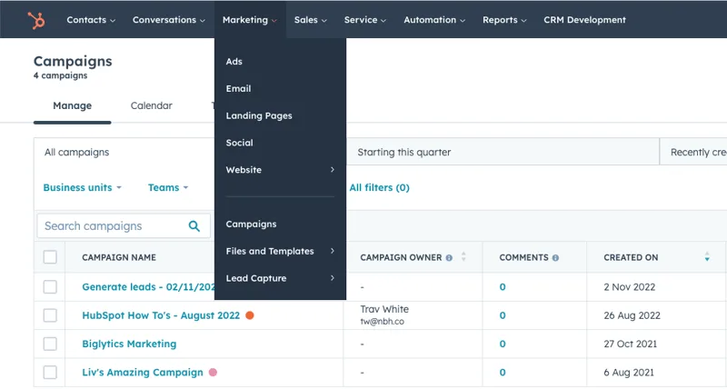 A HubSpot campaigns list with four campaigns going back to 2021, most of them with no campaign owner set