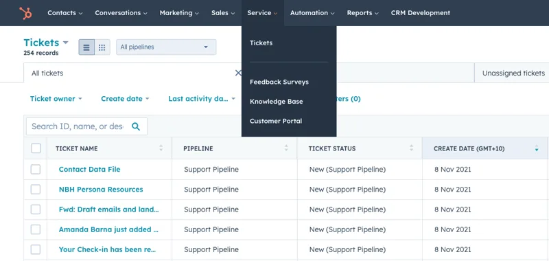 A HubSpot ticket list with 254 records, every visible ticket still sitting in the New stage of the Support Pipeline since November 2021