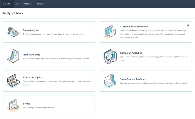 HubSpot's Analytics Tools page, showing Sales Analytics, Traffic Analytics, Contact Analytics, Campaign Analytics, Sales Content Analytics, Forms and Custom Behavioral Events