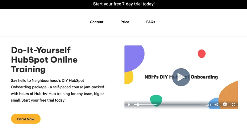 A landing page for Neighbourhood's self-paced Do-It-Yourself HubSpot online training course