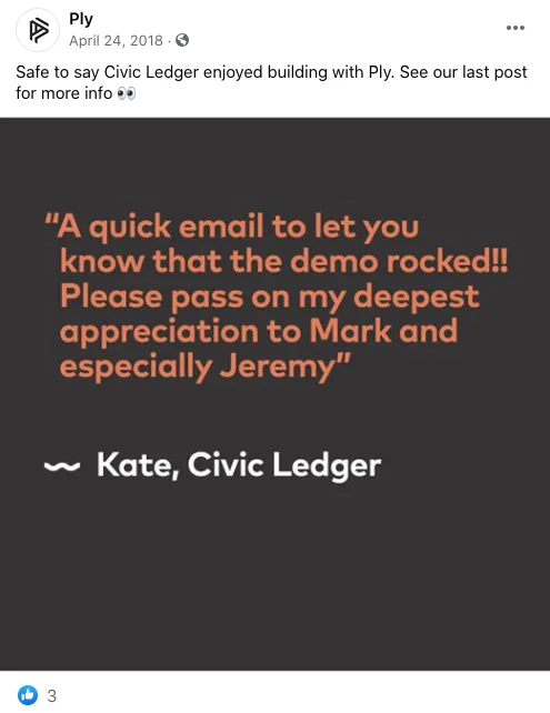 A Ply Facebook post showing a customer quote from Kate at Civic Ledger set as an image