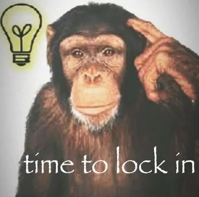 Meme of a chimpanzee pointing at its head beside a lightbulb, captioned time to lock in