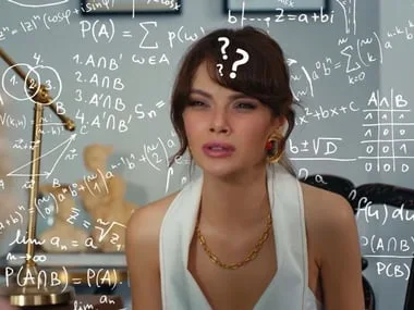 A woman looking baffled in front of a wall of handwritten equations and question marks