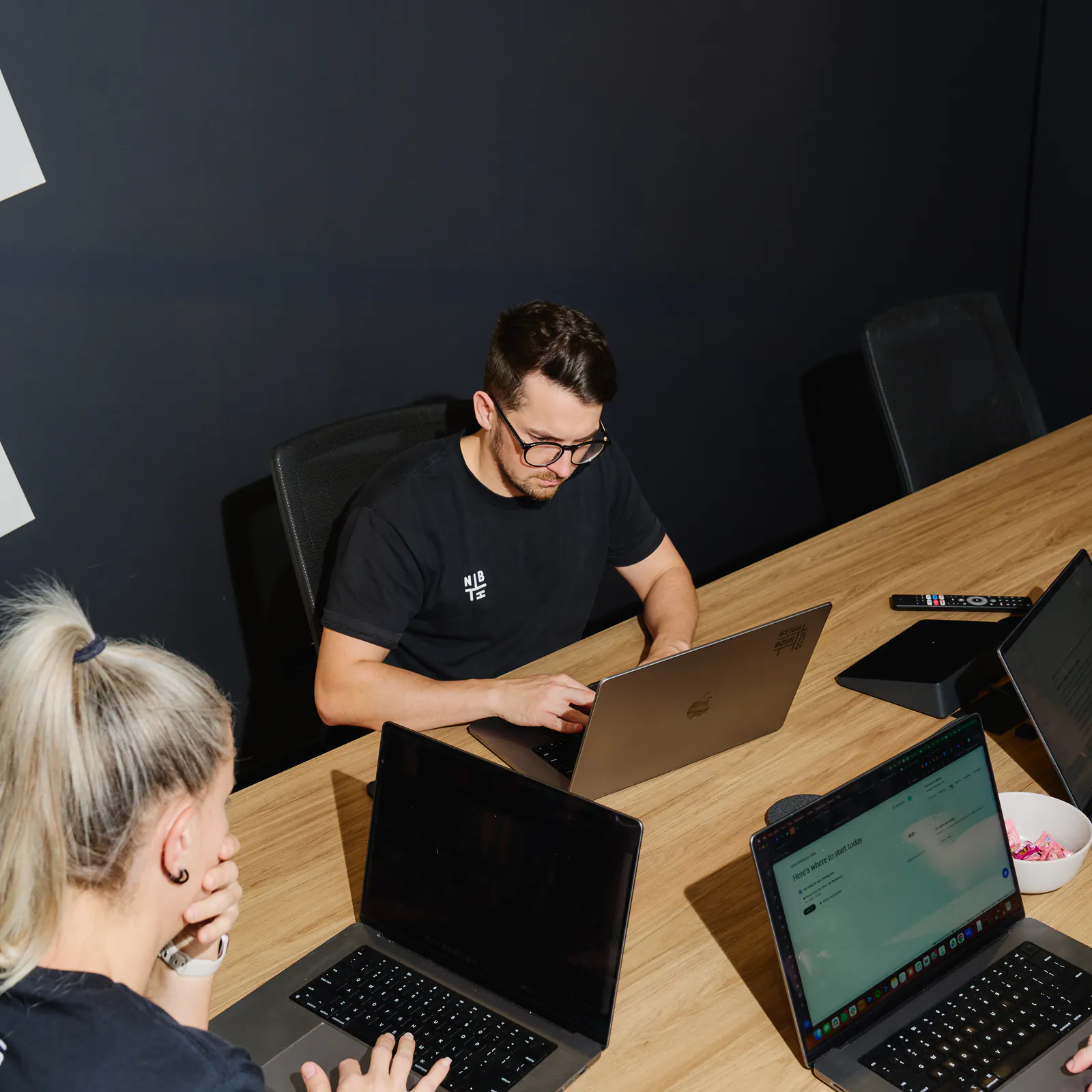 Three Neighbourhood team members working across a boardroom table