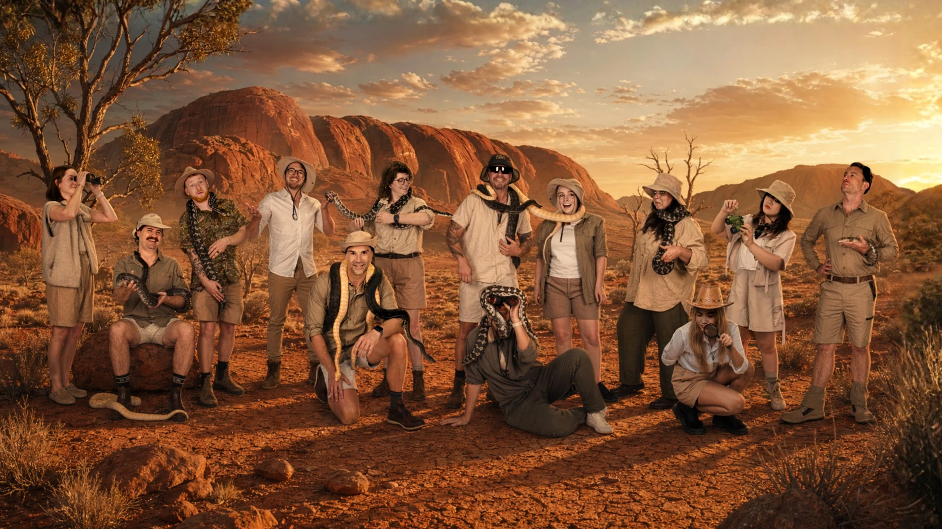The Neighbourhood crew in outback explorer costume at sunset in front of a red rock, one of them holding a snake