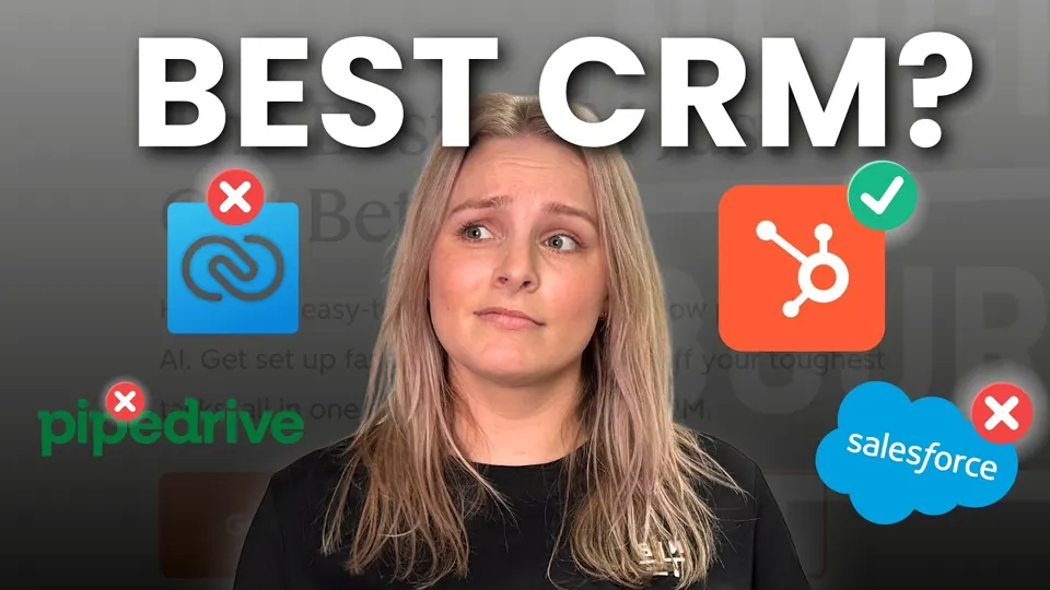 Video thumbnail: a Neighbourhood presenter under the words Best CRM, with the HubSpot logo ticked and the Salesforce, Pipedrive and Zoho logos crossed