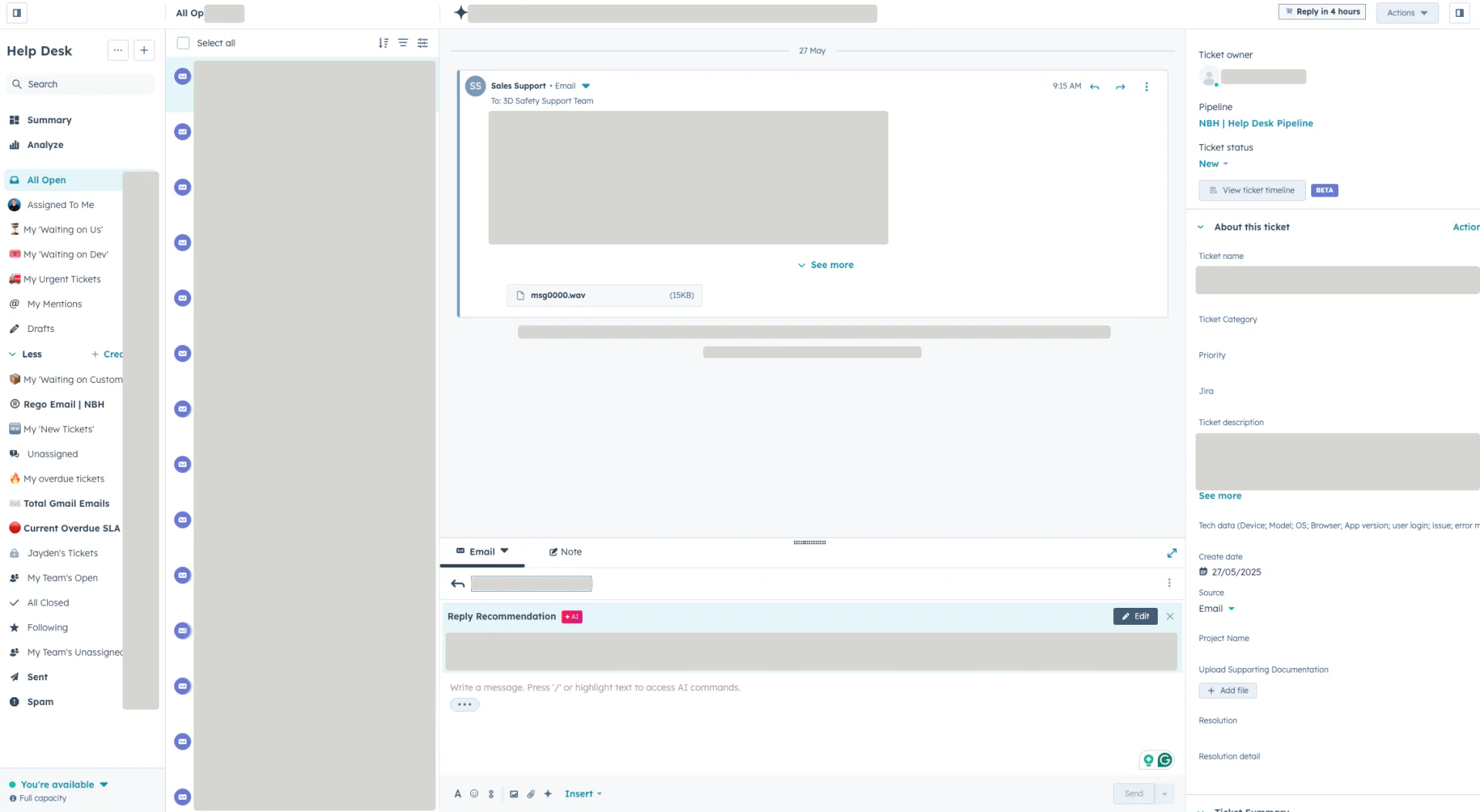 3D Safety's HubSpot Help Desk: the ticket views down the left, an open ticket in the middle with its email thread and an AI reply recommendation, and the ticket owner, pipeline, status and properties on the right. Names, ticket subjects, message text and queue counts are covered.