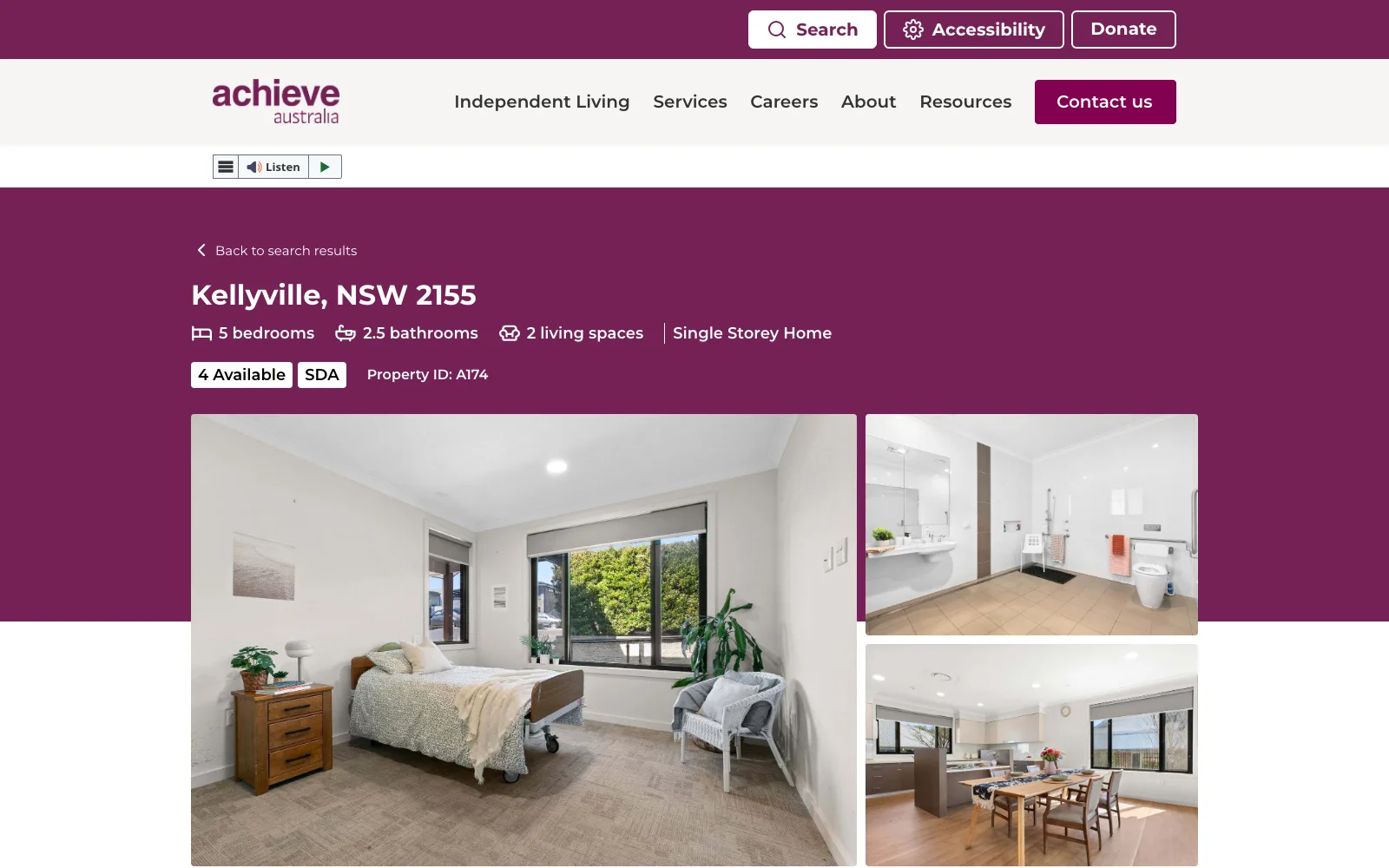 One Achieve Australia property page for Kellyville, NSW, showing five bedrooms, two and a half bathrooms, four rooms available, an SDA tag and photos of the home