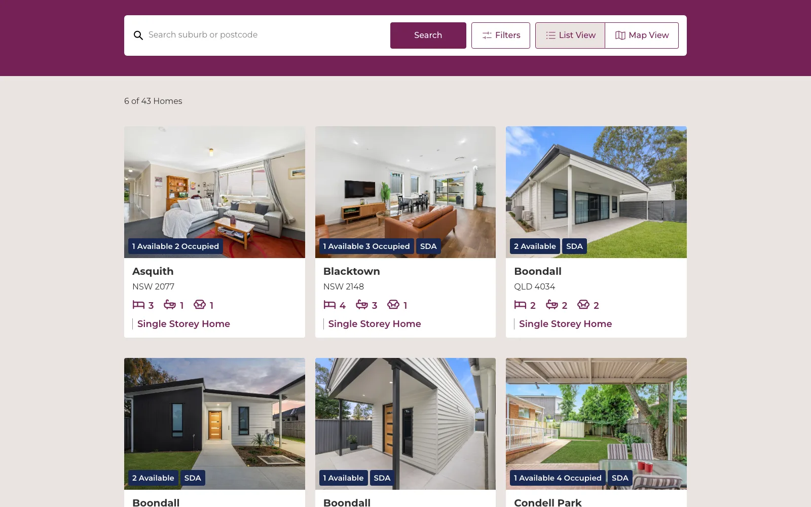 Achieve Australia's accommodation vacancies page, with a suburb or postcode search, filters, list and map views, and cards for homes in Asquith, Blacktown and Boondall showing rooms available and occupied