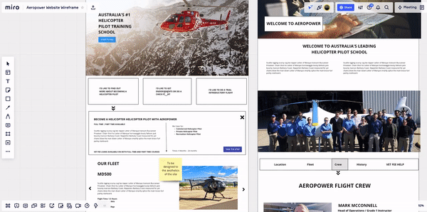The Aeropower website wireframe in Miro, showing the homepage sections for pilot training, the fleet and the flight crew