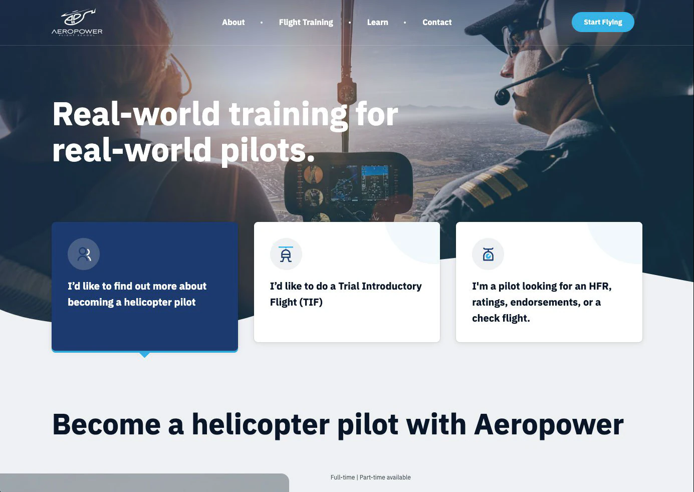 The new Aeropower homepage on HubSpot CMS, headed Real-world training for real-world pilots, with three cards for becoming a helicopter pilot, a trial introductory flight, or further ratings