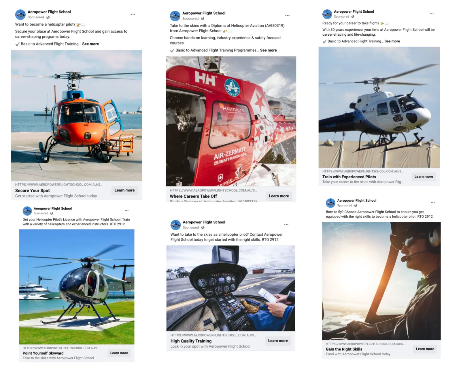 Six Aeropower Flight School Facebook ads written by Neighbourhood, each naming the helicopter pilot career or diploma, with headlines such as Secure Your Spot and Train with Experienced Pilots and a Learn more button