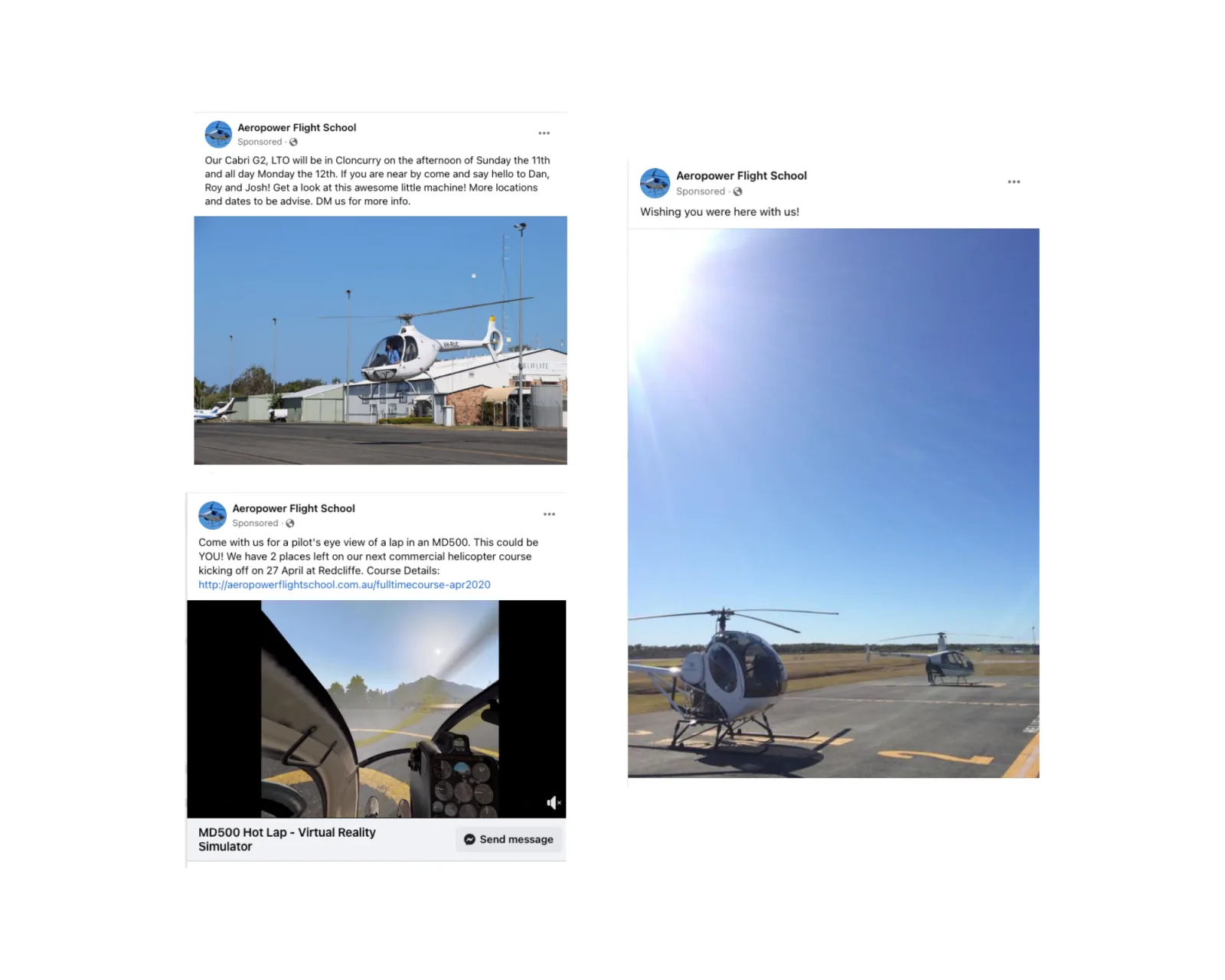 Three of Aeropower's earlier boosted Facebook posts: a helicopter visiting Cloncurry, a virtual reality lap in an MD500, and a helicopter on the pad captioned Wishing you were here with us