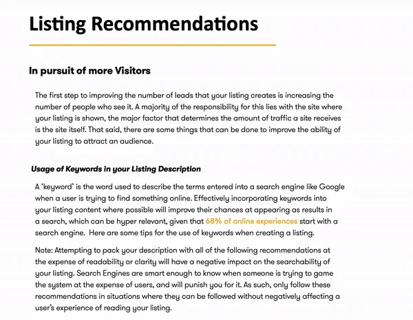 A page headed Listing Recommendations, In pursuit of more Visitors, with advice on using keywords in a listing description