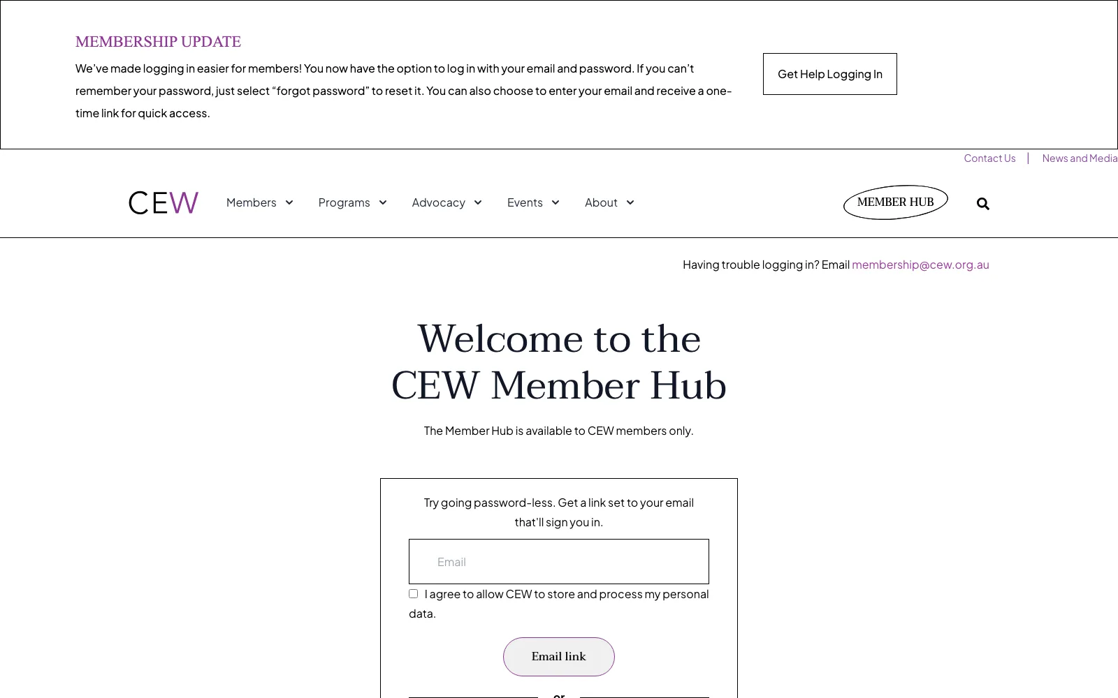 The CEW Member Hub login page, with a passwordless email link sign in and a note on who to email for help