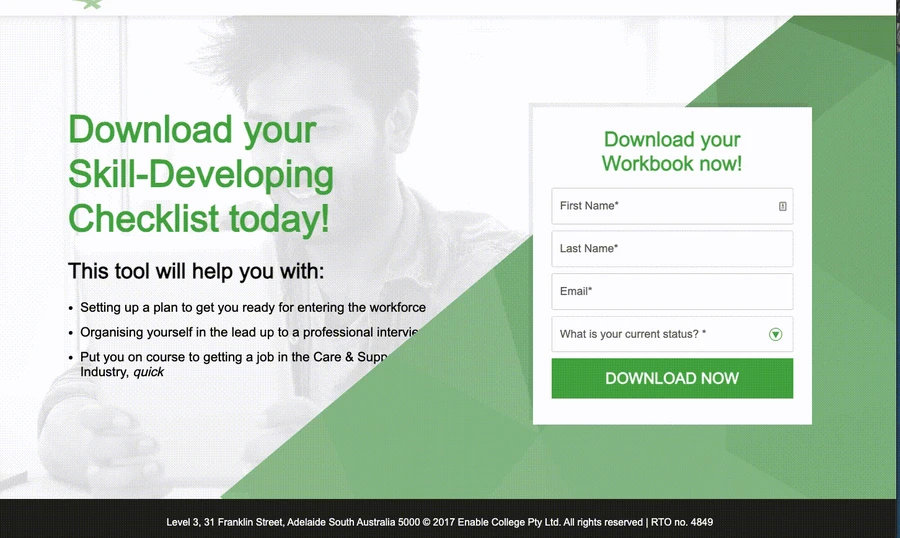 An Enable College landing page offering a skill-developing checklist as a download, with a short form beside it