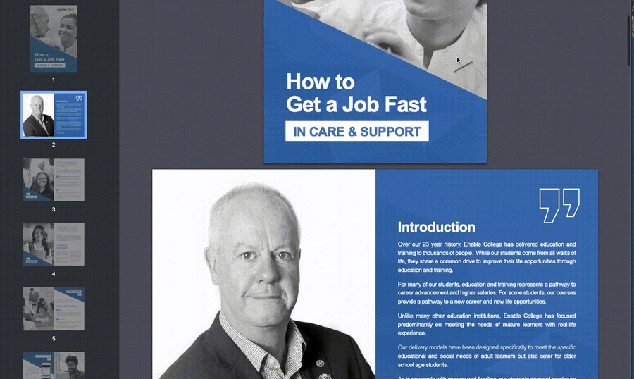 The cover of the Enable College guide How to Get a Job Fast in Care and Support, open to its introduction