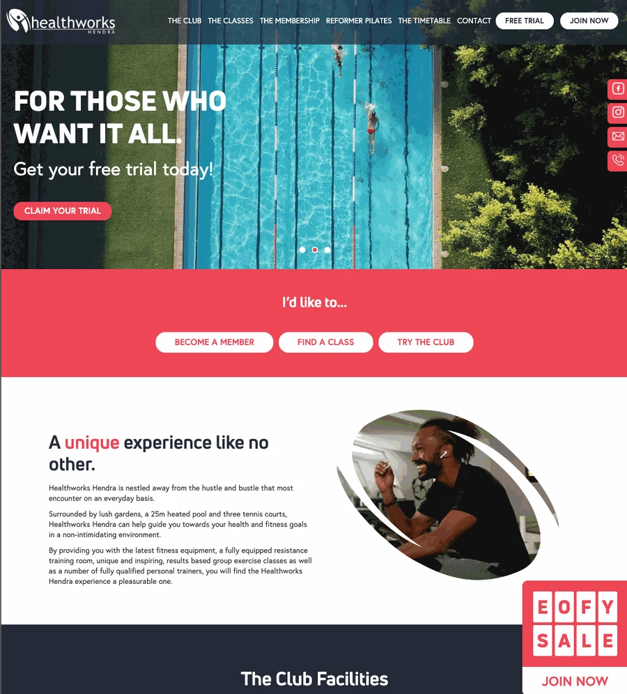 The Healthworks Hendra homepage, headed For those who want it all, above buttons to become a member, find a class or try the club