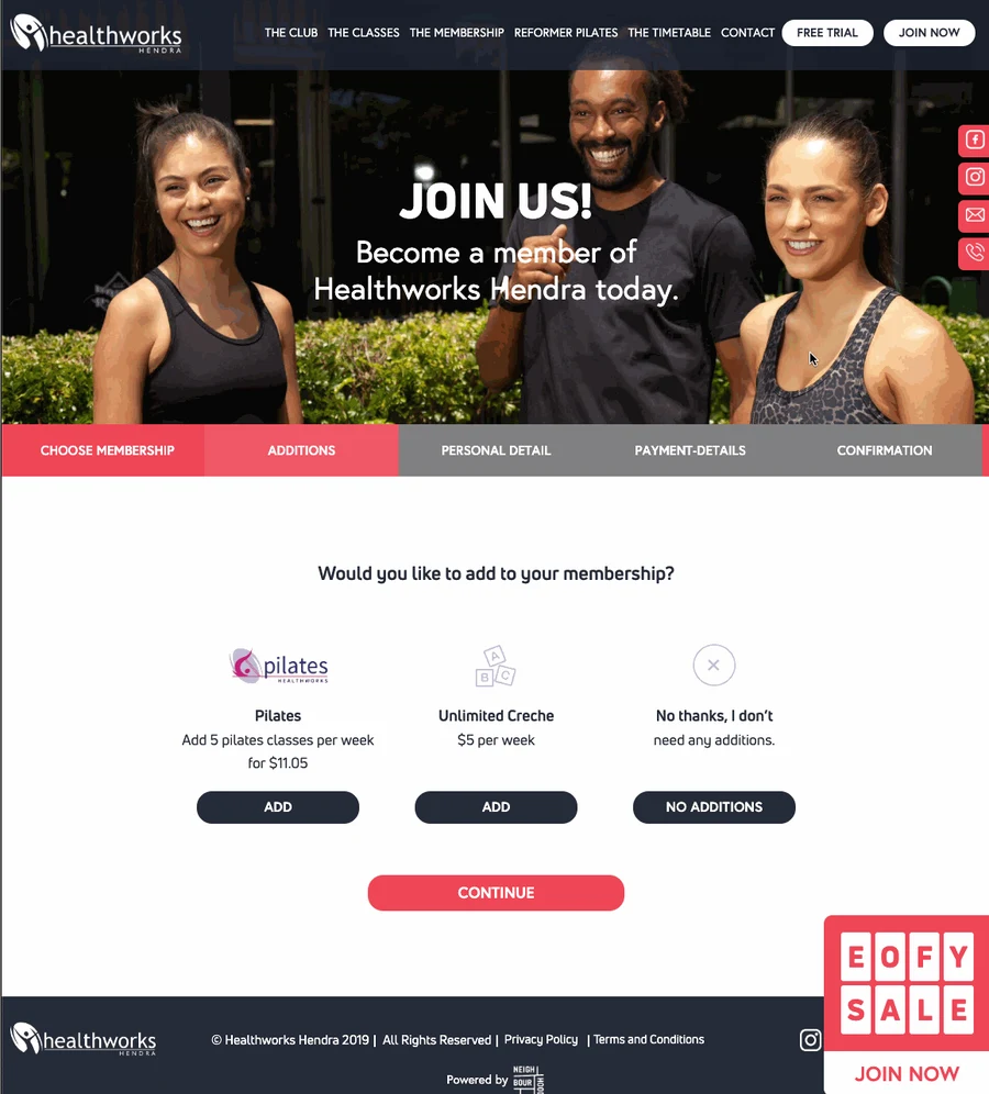 Step two of the Healthworks join flow, asking would you like to add to your membership, with Pilates and unlimited creche add-ons and a no additions option