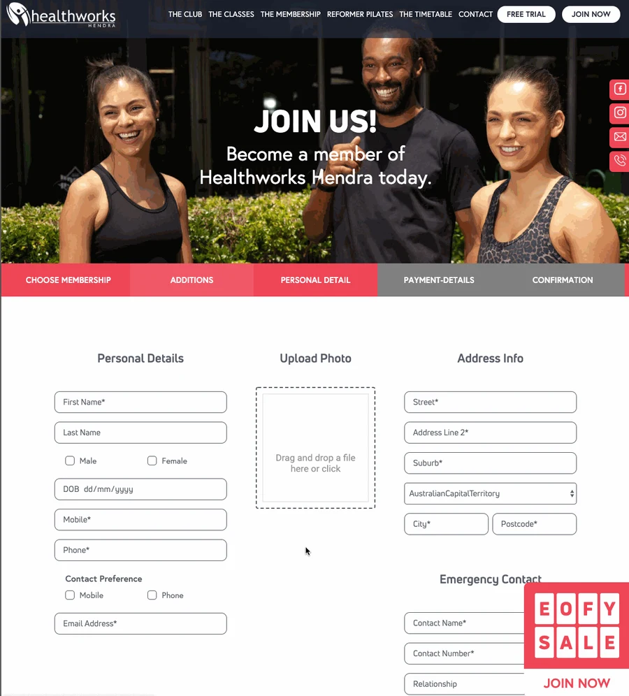 Step three of the join flow, a personal details form with a photo upload, address and emergency contact