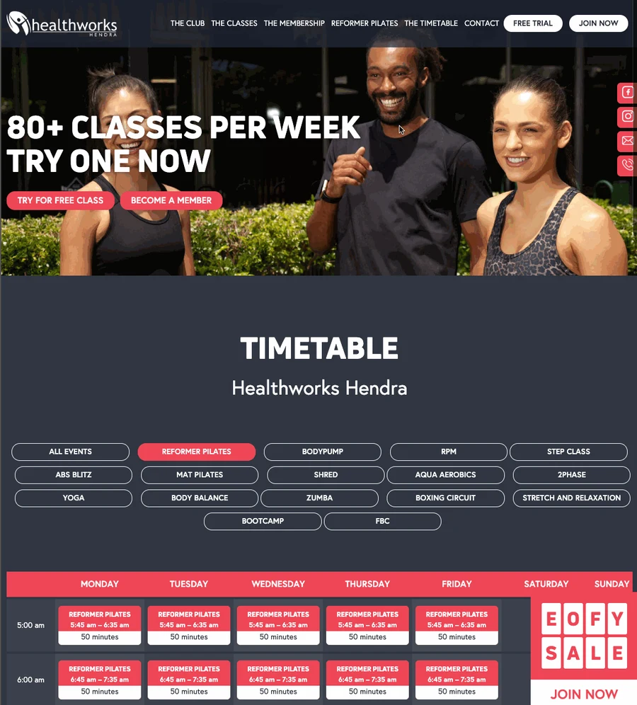 The Healthworks Hendra class timetable, filtered by class type, with the week laid out in columns