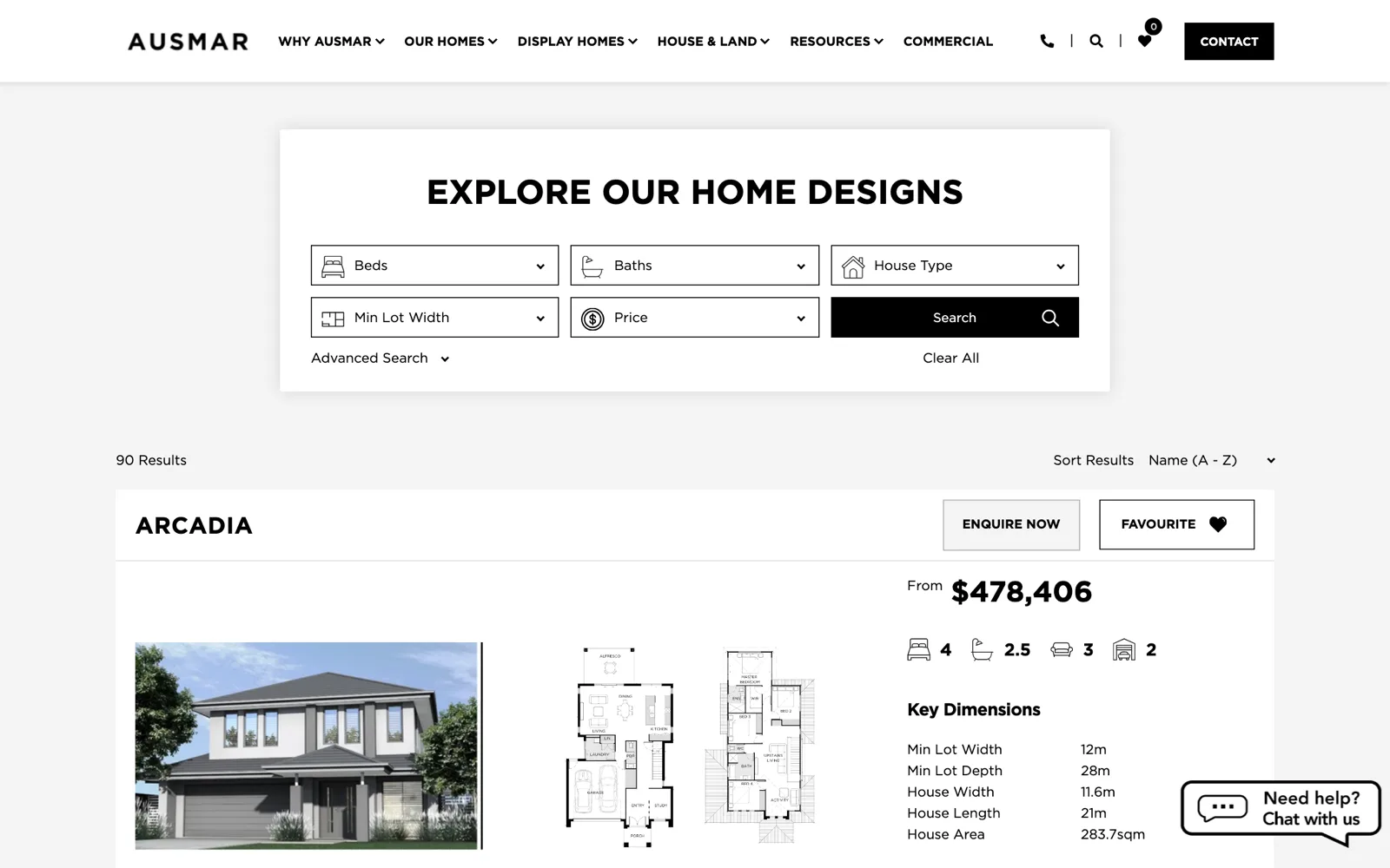 The live AUSMAR designs page in September 2026, showing 90 results and the Arcadia design with price, floorplans and key dimensions