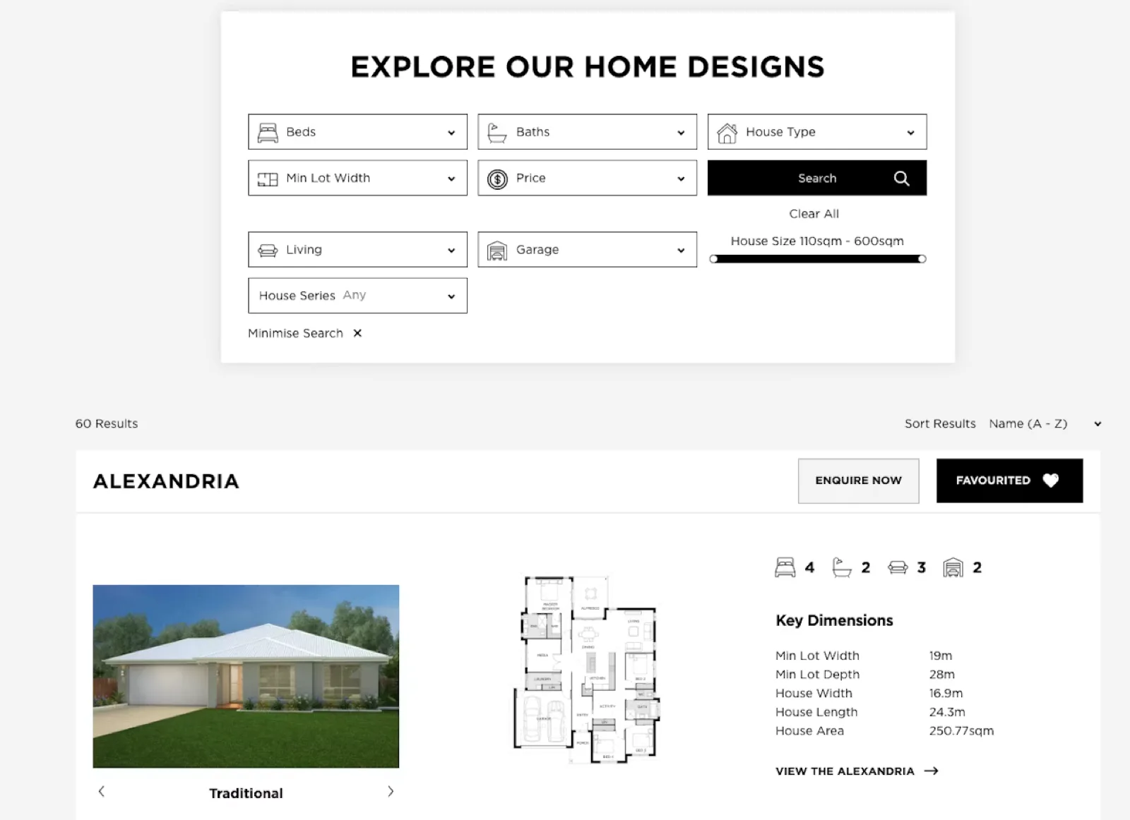 The AUSMAR home designs page: a filter panel with beds, baths, house type, lot width and price, above a result showing the Alexandria design with its floorplan, key dimensions and a Favourited button