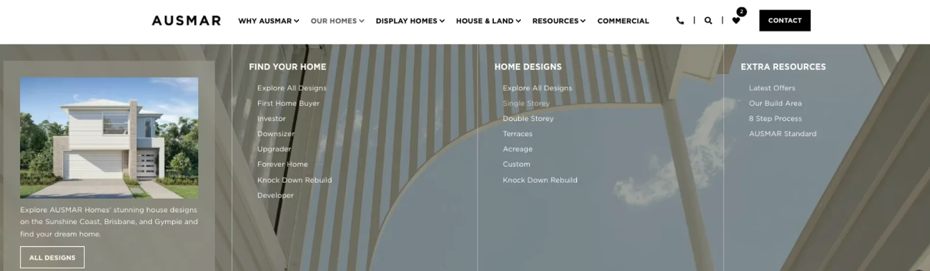The AUSMAR mega menu open, showing Find Your Home grouped by buyer persona, Home Designs grouped by product type, and a favourites counter reading 2 in the header
