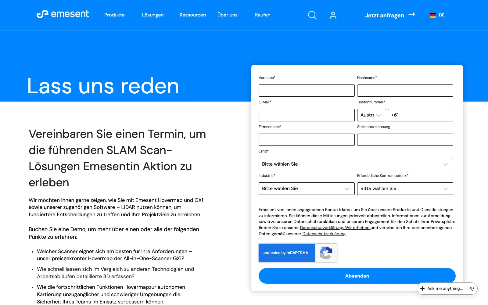 The same book a demo page in German, with the same form fields in the same order