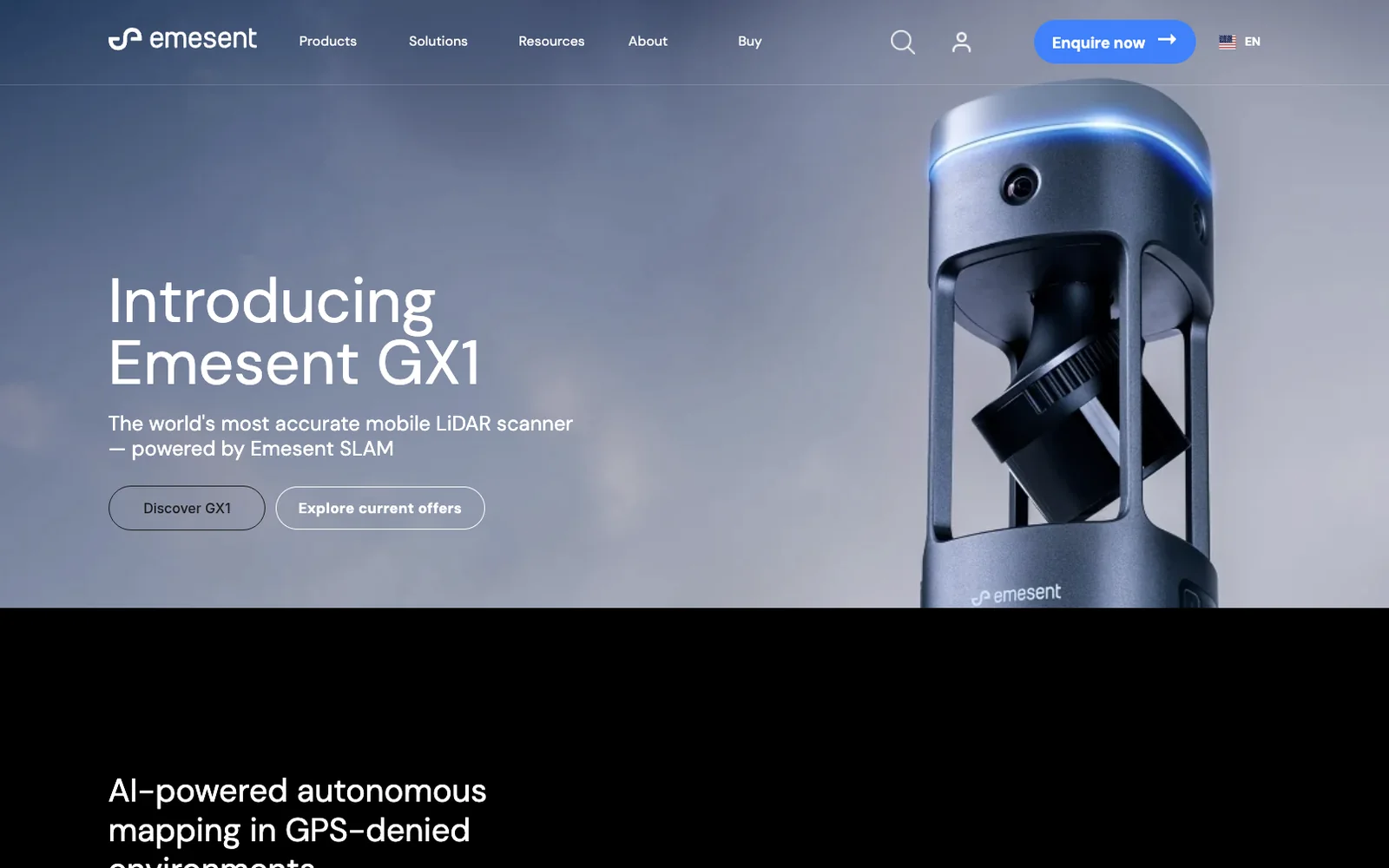 The Emesent homepage in English, introducing the Emesent GX1 mobile LiDAR scanner