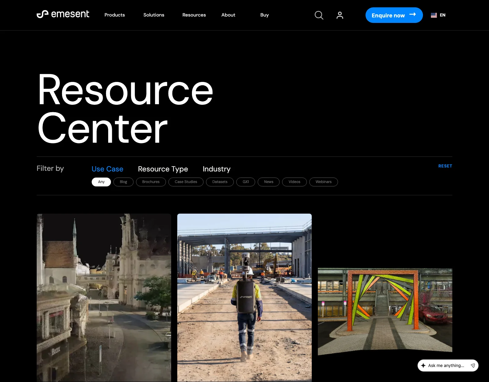 The Emesent Resource Center, filtered by use case, resource type and industry, above cards for case studies and datasets