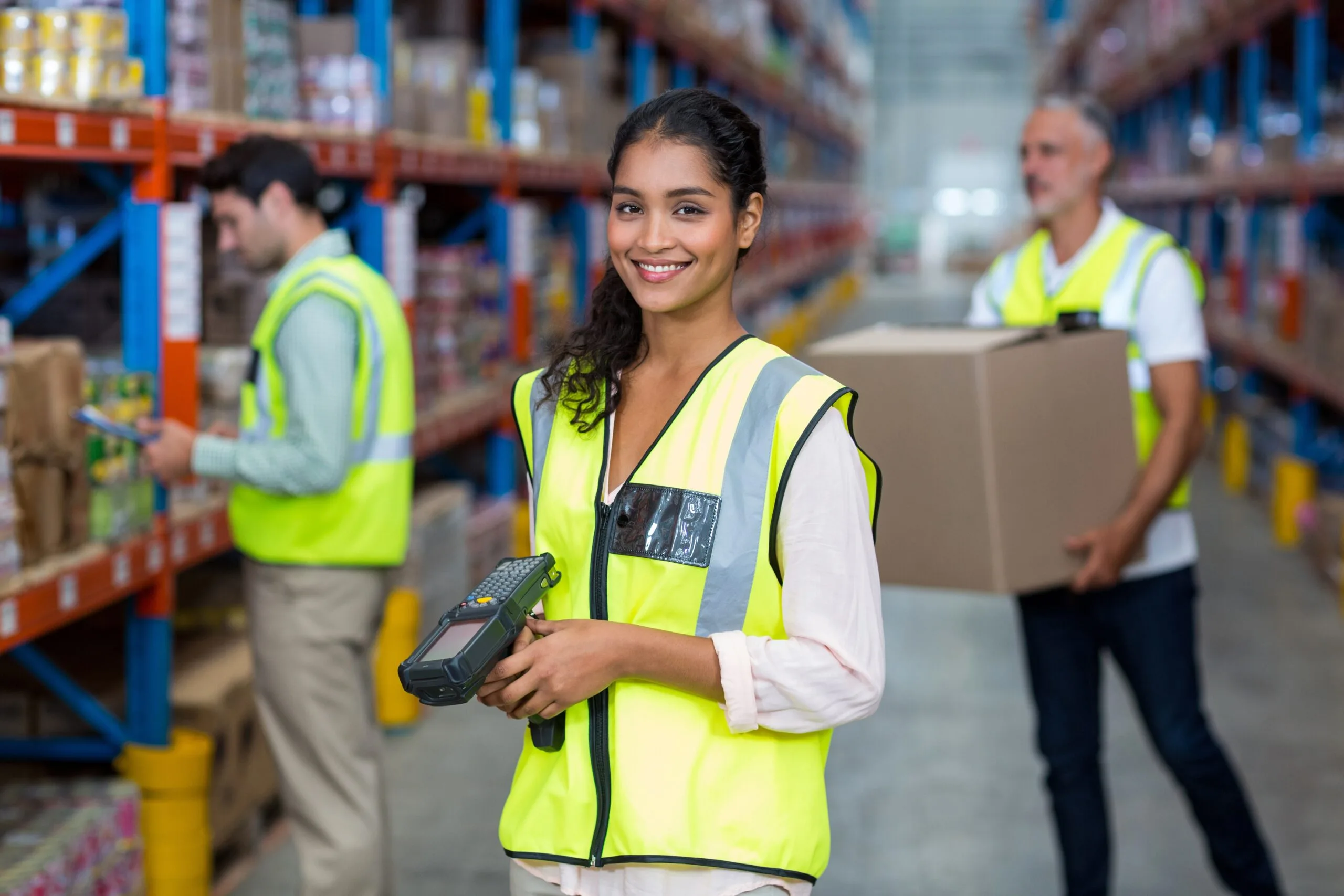 A smiling warehouse worker in a high visibility vest holding a barcode scanner, with two colleagues working the shelves behind her
