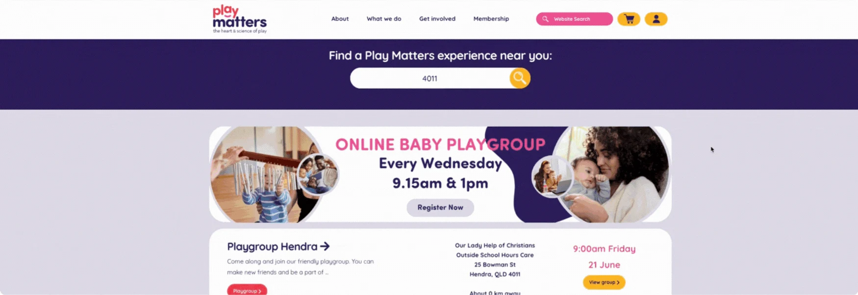 The Play Matters search: Find a Play Matters experience near you, with the postcode 4011 entered and the nearest playgroup listed with its venue, day and time