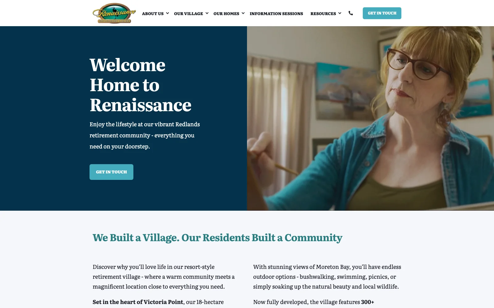 The Renaissance Retirement Living homepage, headed Welcome Home to Renaissance, with a Get in touch button
