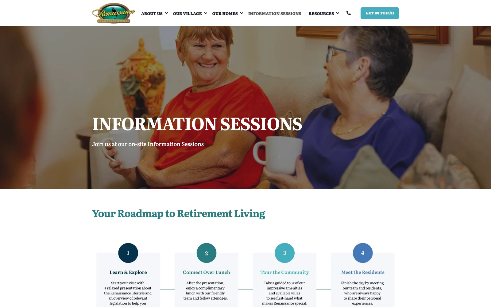 The Renaissance Information Sessions page, with a four step roadmap: learn and explore, connect over lunch, tour the community, meet the residents
